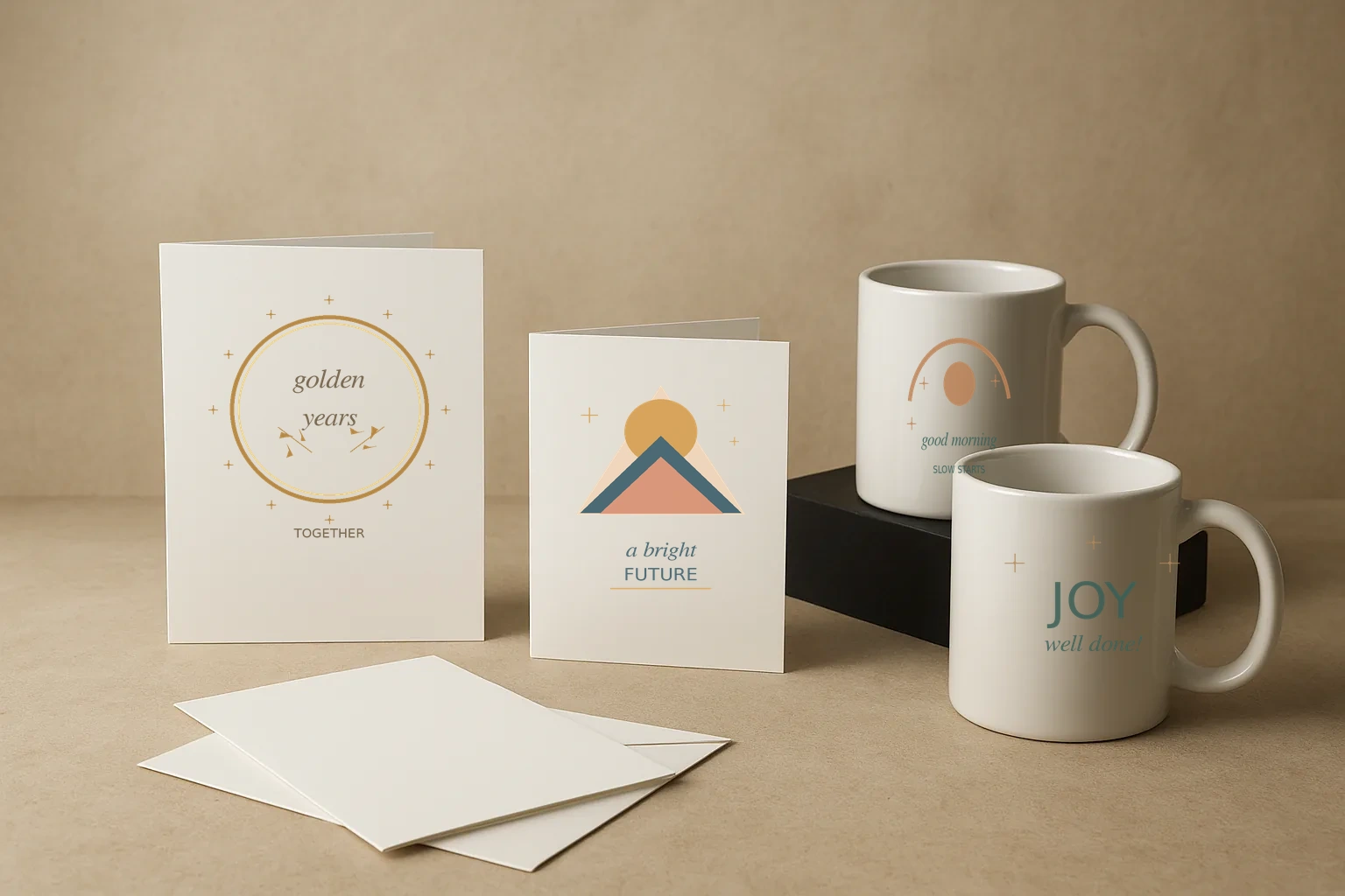 Illustrated greeting cards and printed mugs arranged on a table